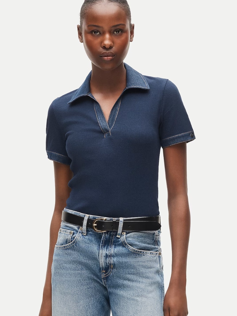 J. Crew Perfect rib johnny-collar top with denim trim